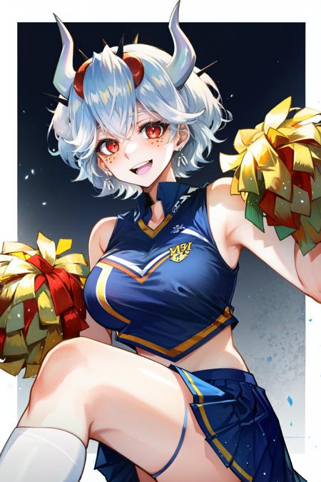 <lora:beelzebub:1>beelzebub(helltaker), freckles:0.7, 1girl, pom pom (cheerleading), large breasts, red eyes, looking at viewer, open mouth, demon horns, white hair, blue skirt, shirt, blush, smile, short hair, earrings, skirt, demon girl, sleeveless, holding, jewelry, horns, holding pom poms, white horns, solo, sitting, cheerleader