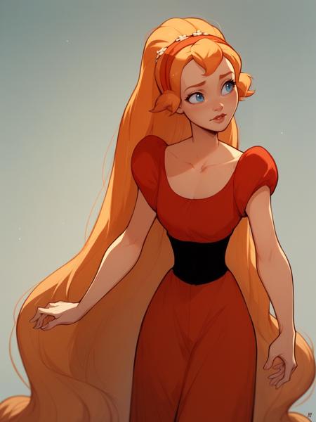 thumbelina, 1girl, solo, dress, hairband, blue eyes, very long hair, orange hair thumbelina, 1girl, solo, red dress, hairband, blue eyes, very long hair, orange hair thumbelina, 1girl, solo, blue eyes, orange hair, white weddress, puffy sleeves, braid, dress, twintails, veil,