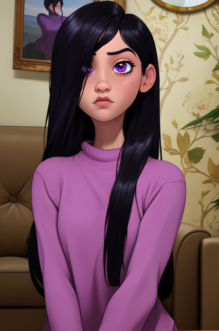 vilett,black hair,purple eyes,  long hair,hair over one eye,
pink sweater,  serious, 
upper body, sitting,  
living room, 
(insanely detailed, beautiful detailed face,beautiful detailed eyes, masterpiece, best quality),solo,  <lora:VioletCas:0.8>