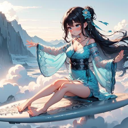(((yujian flying))), ((metal surfboard)), ((above the clouds)), floating hair, hair flower, see-through sleeves, see-through hanfu, necklace, jewelry, earrings, fog, flare, silhouette, cloudy sky,