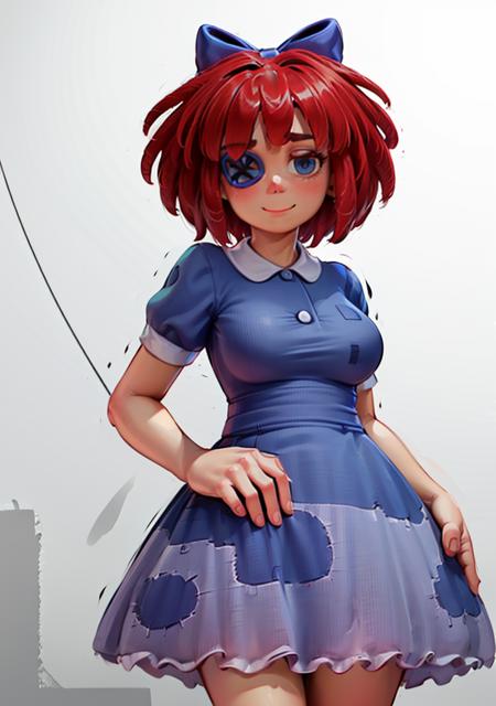 (Ragatha, one leg up, hands on face, cute:1.2), (hair bow, short sleeves, dress with patches, short hair, button eyepatch), large breasts  happy, smile, looking at viewer, cute, from below, crazy eyes, 
(white background:1),(dynamic pose:1.2),(dynamic angle:1), (cowboy shot:1.2),
(masterpiece:1.2), (best quality, highest quality), (ultra detailed), (8k, 4k, intricate) ,(ambient light:1.3), realistic, render, unity,
<lora:Ragatha_character-20:0.8>