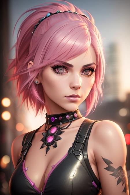 1/2 portrait of beautiful rock girl, punk, slim body, beautiful detailed glow, highres, high detail, smooth, aesthetic, extremely detailed, octane render, detailed facial features, sharp focus, rtx, ambient light, intricate city background, pink hair, expressive eyes