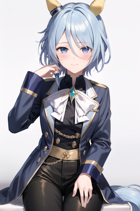 <lora:KSMUMA-06:0.6>,k.s.miracle, 1girl, solo, looking at viewer, blush, smile, short hair, blue eyes, simple background, shirt, long sleeves, white background, bow, animal ears, jewelry, sitting, closed mouth, blue hair, jacket, tail, pants, bowtie, black pants, horse ears, horse girl, brooch, horse tail