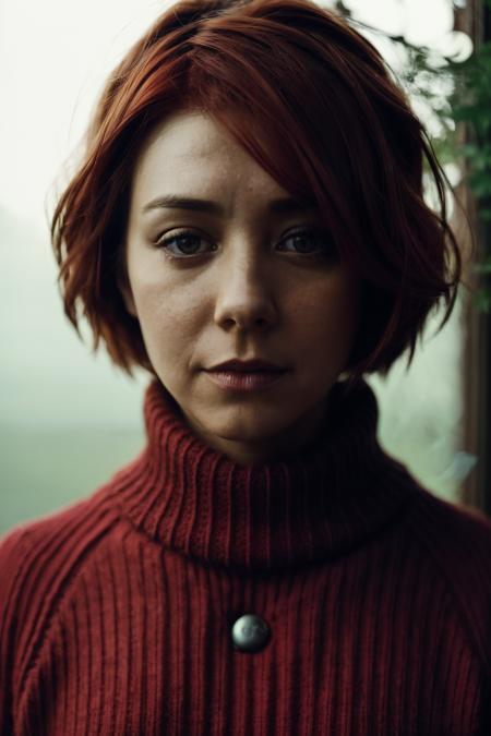 A stunning intricate full color portrait of ahn, wearing a red sweater, red short hair, epic character composition, by ilya kuvshinov, alessio albi, nina masic, sharp focus, natural lighting, subsurface scattering, f2, 35mm  <lora:AlysonHannigan-RealVision-V1.0:1>