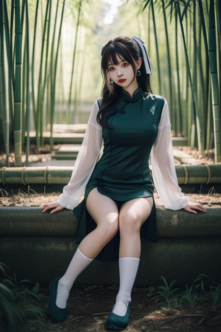 ltra-detailed,highly detailed,best quality,masterpiece,illustration,realistic,
yaozhi, 1girl, solo,chinese clothes, socks,shoes,
looking at viewer,full body, wariza,sitting, 
outdoors, bamboo forest, 
 <lora:yaozhi_v1_02:0.7>