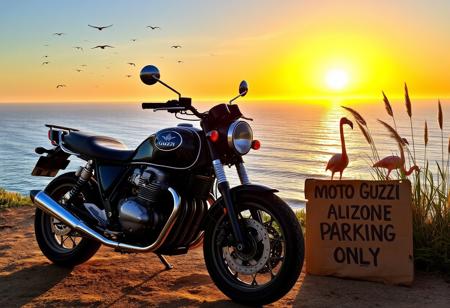 “A twin-cylinder Moto Guzzi motorcycle is parked along the scenic coast of Santa Barbara at sunset. The bike sits proudly on a cliffside overlooking the ocean, with a golden sunburst casting a warm glow across the sky. Seabirds glide above the serene blue waters, and a small group of people stands nearby, their silhouettes softly illuminated by the setting sun. Off to the side, a couple of flamingos stand near tall grasses swaying in the breeze. A weathered cardboard sign is propped up next to the bike, with the words ‘MOTO GUZZI PARKING ONLY’ handwritten on it, adding a touch of personality to the scene.”