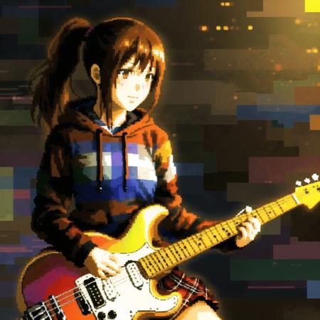 <lora:seleznev_trixel_art:1>, seleznev_trixel_art,  drawing, blur, pixelated, glitch, dithering, brown hair, extra, guitar, hood, hoodie, instrument, motion blur, plaid, plaid skirt, ponytail, school uniform, serafuku, skirt, thigh-highs