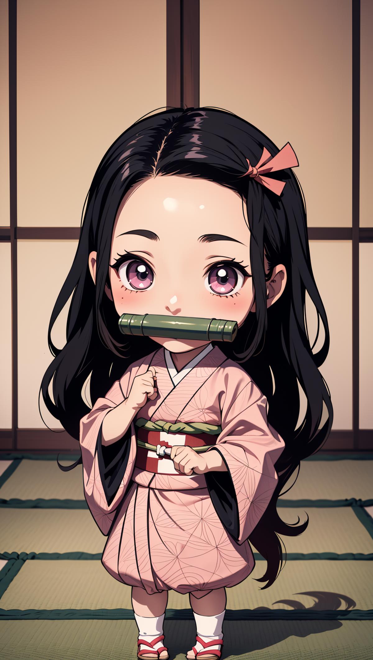 A young girl with long black hair and a pink bow in her hair is wearing a pink kimono and holding a green bamboo stick.