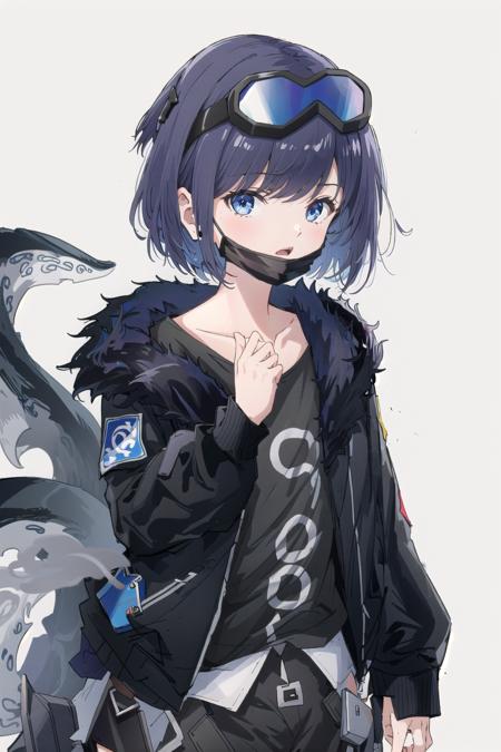 originalandreana, 1girl, tentacles, mask pull, fur-trimmed jacket, mask, solo, jacket, fur trim, white background, black jacket, looking at viewer, shirt, mouth mask, open clothes, open jacket, black shirt, simple background, long sleeves<lora:andreana-pynoise:1>