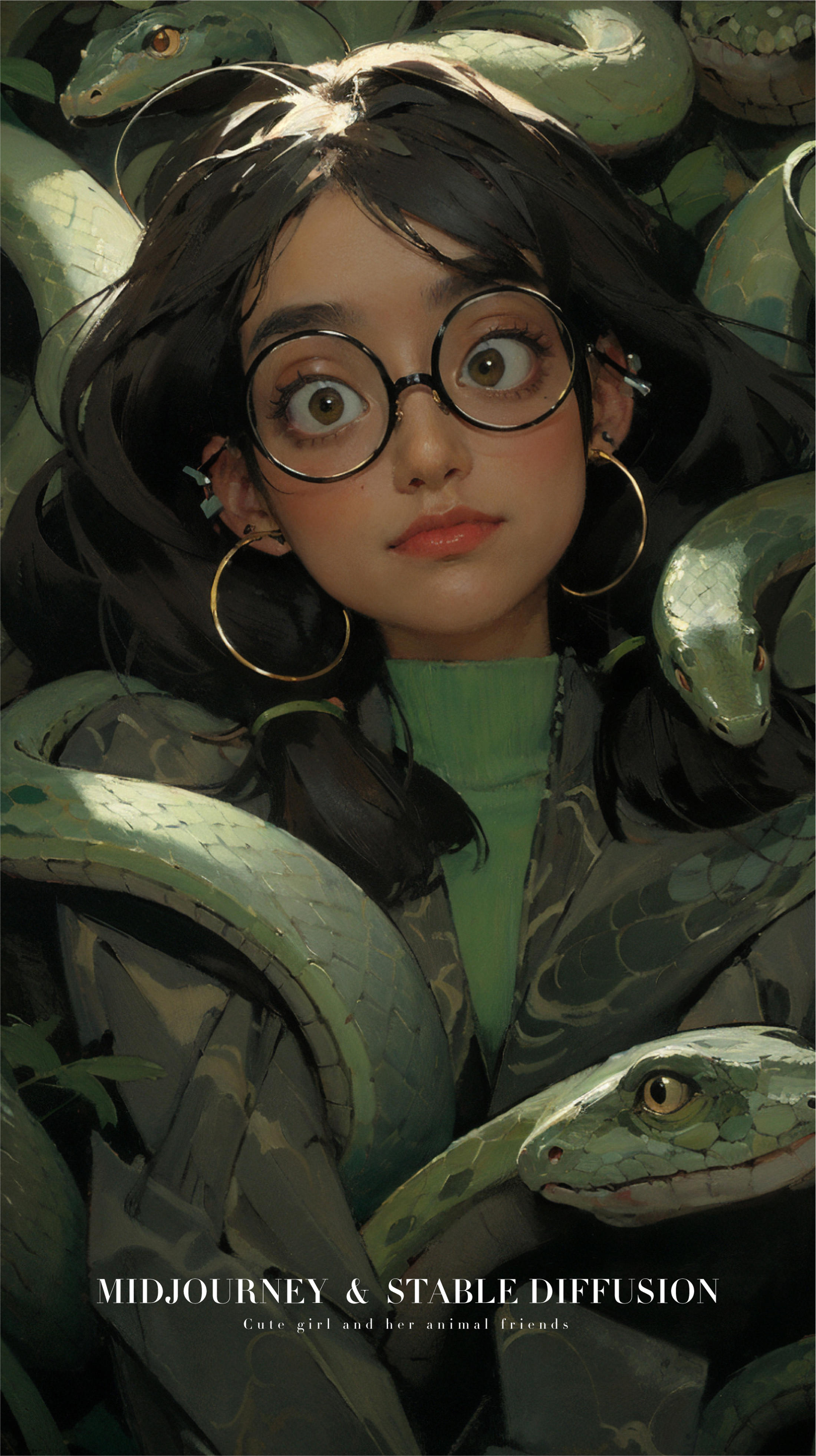 A painting of a woman wearing glasses and surrounded by green snakes.