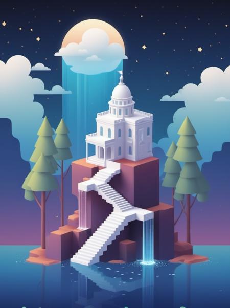 video game monument valley style, The White House,  stairs, water, cloud, trees, waterfall, gradient background, Night, starry sky, <lora:Monument Valley style:0.4>