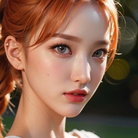 best quality ,masterpiece, illustration, an extremely delicate and beautiful, extremely detailed ,CG ,unity ,8k wallpaper, Amazing, finely detail, masterpiece,best quality,extremely detailed CG unity 8k wallpaper, huge filesize , ultra-detailed, highres, extremely detailed,beautiful detailed girl, extremely detailed eyes and face, beautiful detailed eyes,light on face,1girl, (ultra-detailed), (best illustration), (best shadow), ultra-high res, (realistic, photo-realistic:1.2),realistic face proportions, (makeup:0.4), ((puffy eyes)), looking at viewer, (bokeh:1.4), orange hair, ponytail,