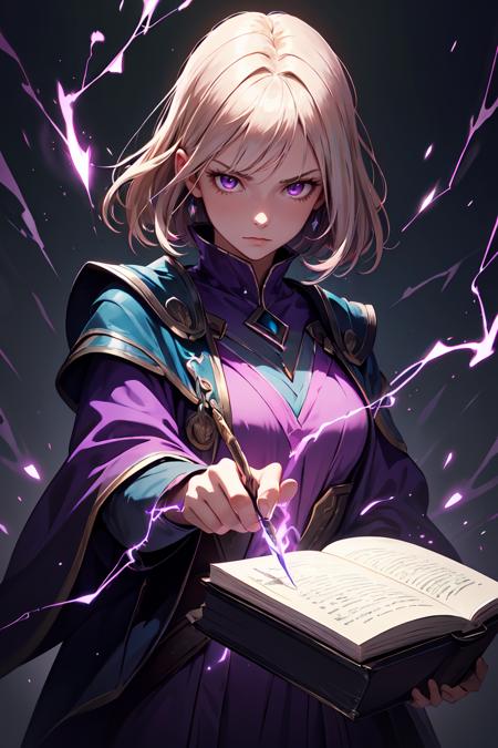 (best quality, masterpiece:1.2), photorealistic, thick outlines, strong shadows, <lora:add_detail:0.2>, 1 girl, adult woman, purple eyes, dark blonde lob hair, looking down, solo, upper body, detailed background, detailed face, evil mage, pink magical robes, determined expression, purple color scheme, dark green light, library, evil book, dark atmosphere, shadows, realistic lighting, floating particles, sparks, surrounded by yellow lightning <lora:LightingVFX:0.2>, blue arcane symbols, bloom, <lora:GoodHands-beta2:1>