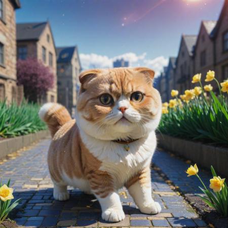 (designed by Atey Ghailan:0.7) and (Sakimichan:1.2) , anime key visual, hyper detailed, overhead angle of a Furious 1800'S (Scottish Fold Cat:1.3) , city and Daffodil background, Bantu flowers and Neutron star in background, Hurricane, shallow depth of field, Cel shading, Fairy-Tale, mosaic, hair light, F/14, Provia, Cross Processing, epic fantasy, RTX, beautiful