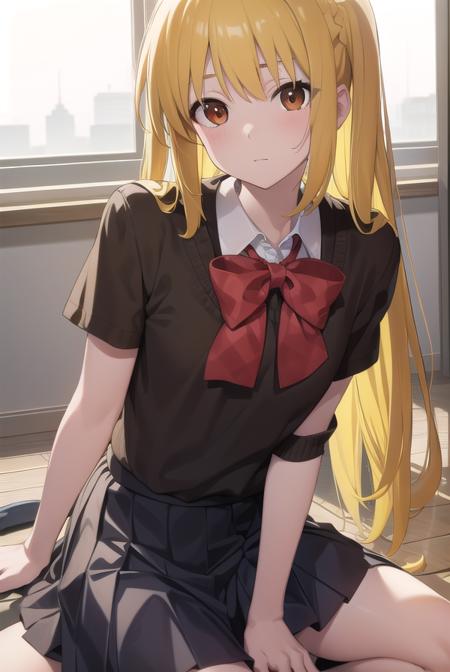 nijikaijichi, <lora:nijikaijichitest:1>, nijika ijichi, ahoge, (yellow hair:1.5), (brown eyes:1.7), long hair, one side up, (flat chest:1.2),
BREAK black skirt, bow, bowtie, collared shirt, pleated skirt, polka dot, polka dot bow, red bow, red bowtie, red footwear, shirt, shoes, short sleeves, skirt, socks, white shirt, white socks,
BREAK looking at viewer,
BREAK indoors, classroom,
BREAK <lora:GoodHands-vanilla:1>, (masterpiece:1.2), best quality, high resolution, unity 8k wallpaper, (illustration:0.8), (beautiful detailed eyes:1.6), extremely detailed face, perfect lighting, extremely detailed CG, (perfect hands, perfect anatomy),