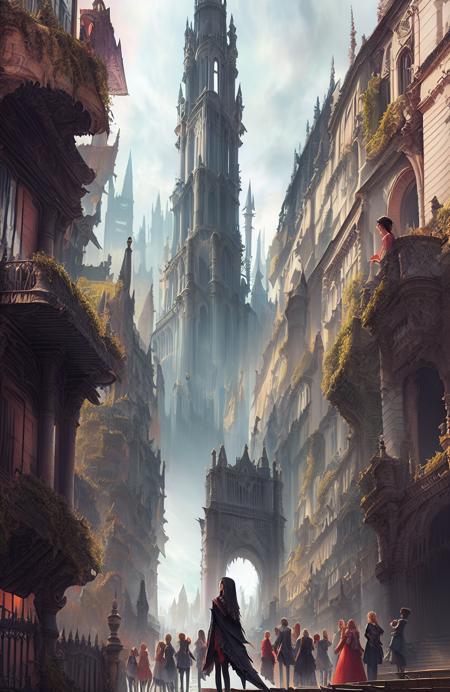 award winning landscape photo of a medieval street background, victorian crowd of people, sinister, evil, rain, puddles, (backlighting:1.3), digital painting, concept art, smooth, sharp focus, rule of thirds, dark fantasy,intricate details, art by aleksi briclot (shallow depth of field:1.1) Style by Style-Glorious