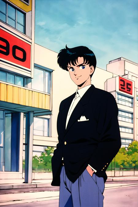 masterpiece,best quality,highres,<lora:Chiba Mamoru:0.7>,Chiba Mamoru,1boy,black hair,blue eyes,solo,retro artstyle,short hair,1990s \(style\),cowboy shot,road sign,smile,pants,hands in pockets,blazer,from side,