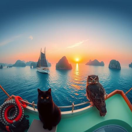 a pea green sailing boat sails through the South China Seas, a black cat and an owl sit side by side  enjoying the spectacular scenery, tall islands rise majestically from the perfect, blue waters as the sun sets on the horizon, wide angle shot