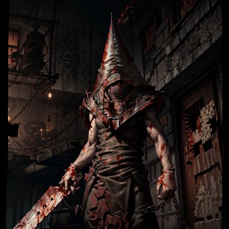 silent hill style, weapon, chain, solo, blood, 1boy, holding, male focus, holding weapon, sword, tower, belt, building, hat, blood on weapon, <lora:SillentHillStyle-000009:1>