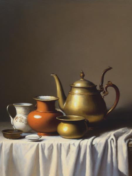 <lyco:Jean-BaptisteSimeonChardin:1.0> an old andcracked painting of pots and a teapot on a ledge, a still life by Jean-Baptiste-Simon Chardin, cgsociety, australian tonalism, oil on canvas, soft light, painterly