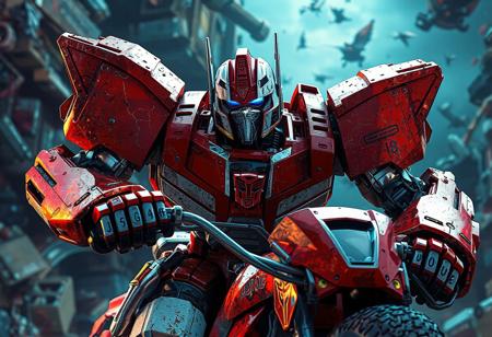 The image showcases a dramatic scene from the Transformers franchise, featuring a Junk Robot Camelcycle in a dynamic pose. The robot, primarily red and white, is set against a Junk Box background, emphasizing its vibrant colors. The image, rendered with Octane Render, showcases sharp lines, splash ink illustration, and hyper-realistic details, with a focus on the robot's intricate facial features and clothes. The cinematic lighting adds depth and emotion to the scene. High-resolution, 4K, exceptional quality, stunning colors, and harmonious composition make this image a standout. Trending on ArtstationHQ, it embodies contemporary aesthetics and showcases vivid emotions, a powerful message, and beautiful detailed eyes. The golden ratio is utilized in the impeccable composition and well-timed moment, highlighting the dynamic action pose and attractive background. Cinematic, dramatic lighting, Octane render, hyperrealism, illustration, 8k.