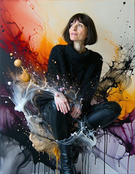 Oil painting in ethereal pastels. 
A medium portrait of  brunette woman, alabaster skin, wearing a black jumper. 
Palette: crushed lavender red, crystaline sugar highlights, inky colours swirl. 
Diffused studio light fractures through airborne ink droplets — liquid chaos.