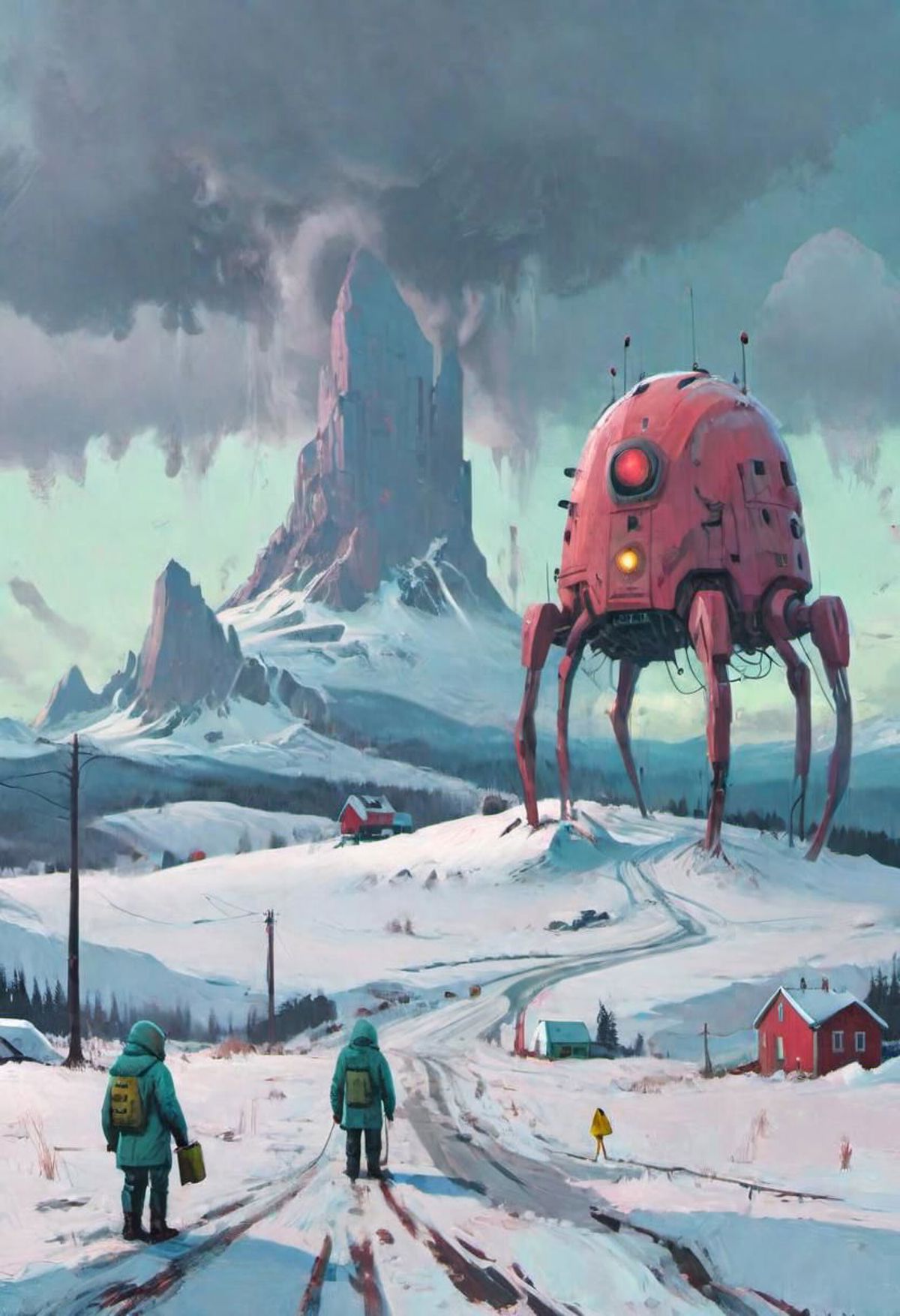 A painting of a large red robot in a snowy landscape with small buildings in the background.