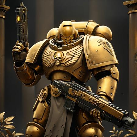 statue made of gold depicting guardian with gold armor, gigantic, Knight armor, holding bolter, primaris helmet with olive leaves around, full body, muscular physique, dominating pose, glowing gold ring behind, cstatuesdxl, masterpiece, High quality, HD, dynamic lighting, ancient shrine background,