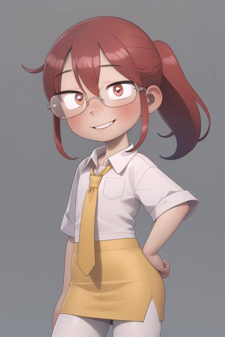 <lora:KoalaEngine:1> KoalaEngine, 1girl, solo, masterpiece; looking at viewer, blushing, shy smile; <lora:mskobayashi:0.9> kobayashi \(maidragon\), ponytail, glasses, sanpaku, red eyes, white shirt, red hair, collared shirt, pencil skirt, pantyhose, yellow tie, flat chest,