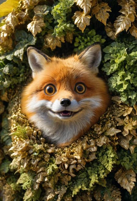 amazing quality, masterpiece, best quality, hyper detailed, ultra detailed, UHD, perfect anatomy, dof, portrait,  awesome, inspiring,  Expressiveh, realistic, high quality, 4K, absurd resolution, incredibly detailed, masterpiece, sharp, (too cute fox house garden:1.6), (so cute:1.5), (big round eyes, cute eyes:2), happy, extremely detailed, no humans, extremely detailed scales, sunlight, realistic, high quality, detailed, shadows, glowing, bright colors, high contrast, vivd lighting, cinematic composition, soft shadows, national geographic style, (view from above), (close up:1.5), (gold magic fur:1.5)