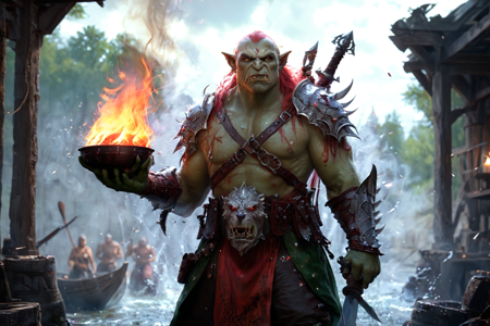 bioluminescent, an orc weaponmaster with green skin, wearing heavy armor, inspecting a sword, solo, from the Gorehowl Clan, with blood-red armor and howling wolf symbols, an orc warship with wooden hull, spiked prow, orcs rowing, detailed background, roasting meat, turning a spit over a fire, curious, eyes wide, wide shot, a fishing contest with orcs spearing fish, river splashing, crowds cheering, a wooden tankard, nearby, on a forge floor, soot-covered, windy, gusts blowing, leaves swirling, clouds racing, afternoon, golden sunlight, long shadows, warm breeze, best quality, vibrant colors, realistic style, high detail, high-definition, hyper-realistic, extremely high-resolution details, fine texture, incredibly lifelike, realistic, not cartoon, not drawing, highres, 4K resolution, source photo, realistic photo, masterpiece, best quality, amazing quality, very aesthetic, ultra-detailed, detailed textures, natural lighting, soft light, volcanic red tones, deep reds and blacks, firelight, warm orange flicker, wide shot, <lora:Mystic_Lumina_r1-000007:0.9>