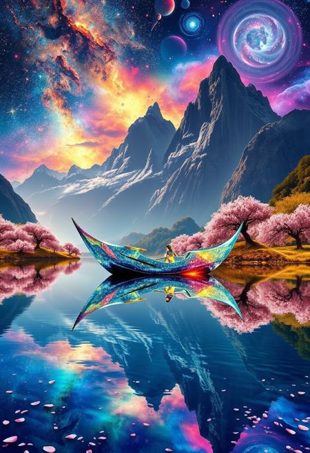 In a surreal and mystical landscape, a tranquil lake mirrors the vibrant, otherworldly colors of the surrounding dreamscape. An ancient Japanese boat, seemingly made of shimmering, translucent crystal, floats effortlessly on the water. The boat's surface refracts the surreal sunlight, casting iridescent patterns across the lake like a living mosaic. Towering, jagged mountains rise majestically in the background, their peaks piercing a sky that swirls with cosmic energy, where stars and galaxies blend with vibrant nebulae. Cherry blossom trees line the shore, their blossoms glowing with an inner light that pulses in sync with the rhythm of the universe. As the petals fall, they dissolve into particles of pure energy, merging with the lake’s surface, which appears to ripple with hidden dimensions. The reflections on the water intertwine with the cosmic elements in the sky, creating a portal-like effect that hints at worlds beyond our perception. The entire scene feels as though it exists on the edge of reality, where the boundaries between the natural and the supernatural blur into a harmonious, yet utterly surreal vision of tranquility and beauty.