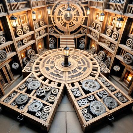 a labyrinth constructed from shifting gear platforms, walls moving on timed rotations, floor panels spinning to reveal hidden stairs, lanterns powered by ticking mainsprings, entire structure recalibrating with mechanical pulses, g3ars, made out of gears
