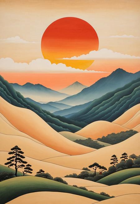 The image is a traditional East Asian-style painting with a minimalist, serene feel. It shows rolling green-blue mountains with soft, layered contours. Sparse, elegant trees are placed along the hills. A bright orange-red sun is positioned low in the sky, near the top of a hill, suggesting sunset. Light, stylized white clouds float above. On the left side, there’s vertical black calligraphy and a red seal stamp. The background is a warm beige tone, giving it a calm, aged paper look. The overall mood is peaceful and balanced.