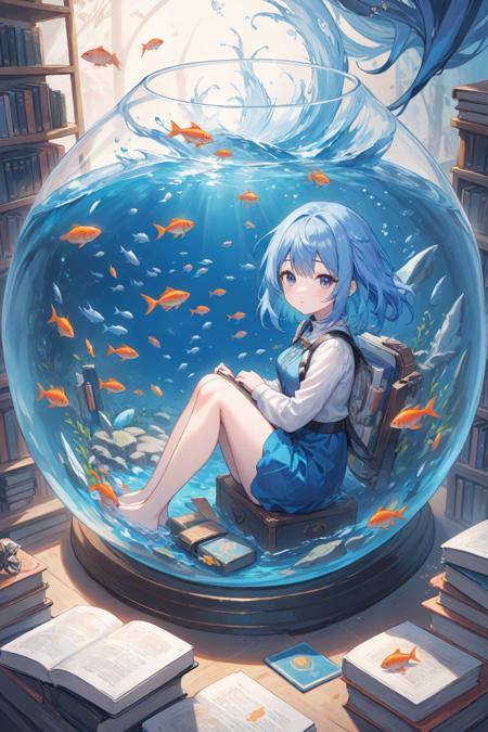 ultra-detailed,(best quality),((masterpiece)),(highres),original,extremely detailed 8K wallpaper,(an extremely delicate and beautiful),
anime,
\\,
Strategy game style A girl with blue hair sits within a large fishbowl filled with various sized fish,Books rest nearby as she seems lost in thought,Dreamlike and surreal,the artwork predominately features blues and whites with touches of oranges and reds for contrast,Centered on the page,the fishbowl draws your eyes to the solitary girl immersed in her aquatic surroundings,. Overhead view,detailed map,units,reminiscent of real-time strategy video games,