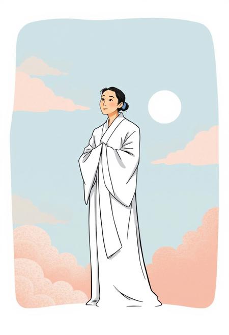 Seeking Peace From Worldly Endeavors,white attire, comic illustration style, blue, light red, and white background, beautiful composition, harmonious and serene atmosphere, subtle smile, expressive linework, soft shading, balanced color palette, gentle contrast, warm and inviting mood, minimalistic yet detailed, storytelling elements, elegant simplicity