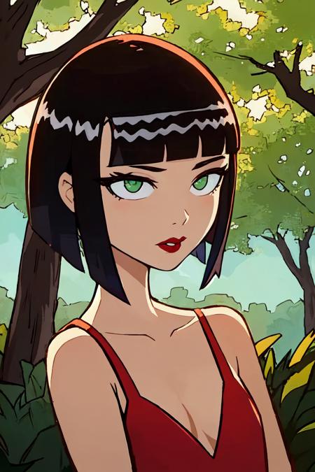 ingrid, green eyes, lipstick, red lips, black hair, blunt bangs, bob cut