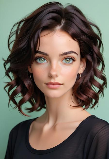 closeup portrait of a stunning lady, neutral expresson, black t-shirt, expressive eyes, mint background.
fionalev