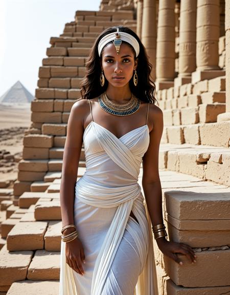 analogue photo of dark skin beautiful Egyptian woman, On the ancient stone steps of a half-ruined temple, a dedicated priestess in a realistically textured fine linen dress and functional headband pauses to adjust her modest jewelry, each small detail reflecting years of daily devotion amid the harsh desert landscape., wlae86, <lora:sdxl_Egyptian_WalkLikeOne:1.0> clear focus, high resolution image,  ,Ancient, egypt, mystical and epic feel,,photo Fantasy art combining the styles of Boris Vellejo and Luis Royo,Photorealistic, real photo, god rays, 1girl, 21yo,realistic, ,Sexy pose, erotic pose, exhibitionism,