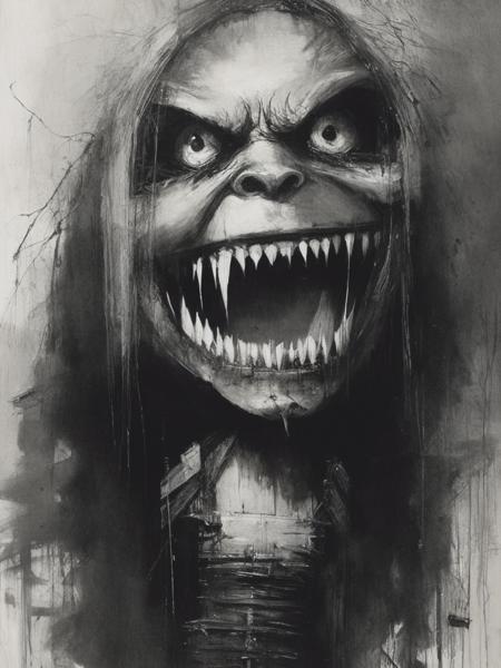 <lyco:StephenGammell:1.0> a horror painting, evil wooden doll, style of Stephen Gammell