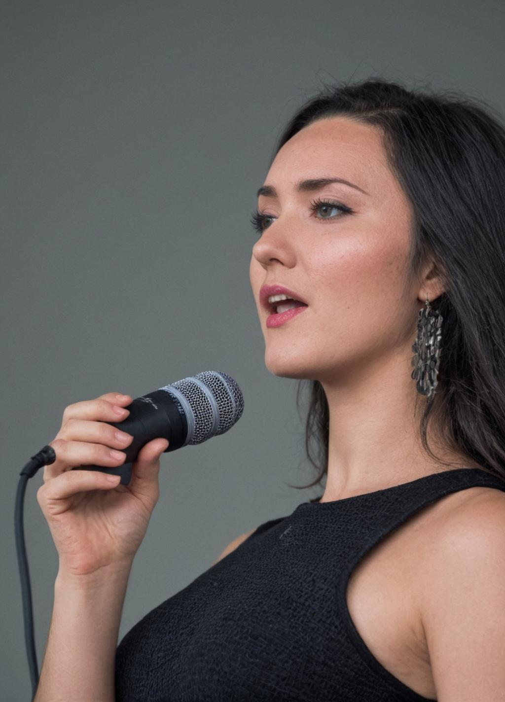 Skin texture, Super high res, woman singing,  f /2.8, Canon, 85mm,cinematic, high quality,  <lora:Sasha_Masakowski:1> s4sh4, black hair