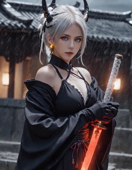 xxmix_girl,Glowing style, yellow glowing earrings, Samurai, 1girl, red lower eyeshadow, weapon, sword, solo, holding, arm armor, oni horns, horns, ponytail,japanese clothes, katana, black gloves, rain, wide sleeves, long sleeves, closed mouth, looking at viewer, kimono, blue eyes, blurry, rope, white hair, hair ornament, looking back, makeup, upper body, sheath, blurry background, red lips, outdoors, two-handed, lips, hands up,in the dark, deep shadow, low key, cold light), night,Exquisite and clear,in the style of zeiss batis 18mm f/2.8,beautiful face,beautiful eyes,<Glowing_style_XL_0.1:0.75><PrgXL_V1:0.75>