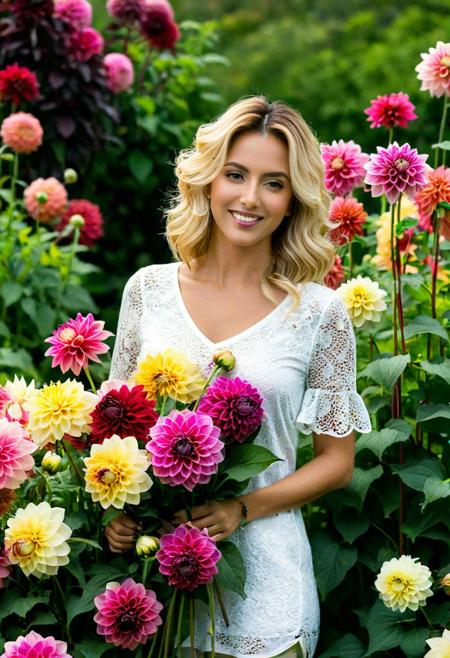 A woman with flowers in a garden of dahlias. These high-quality images are a celebration of creativity and artistry, showcasing the talent and skill of the artist behind them.