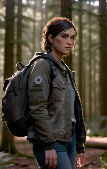 photo of ohxw, ellie, tattoo on left arm,  jacket and jeans standing, backpack,  short hair, face details, forest, low key lighting, eye level, <lora:2ellie-000003:1>