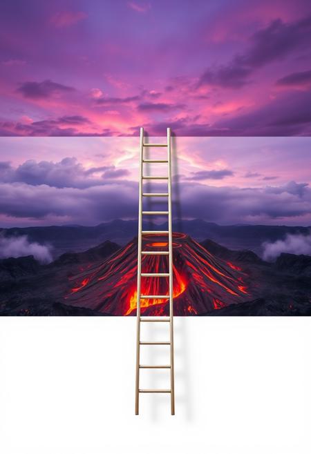 ultra high resolution, abstract digital art, beautiful detailed art, photo of a ladder going over the frame of a picture. The picture separated by a horizontal line: above that line is a beautiful skies and clouds in purple colors, below the middle line is burning volcano and rocky red landscape with magma, from the very bottom to the very top of the frame to the very bottom of the frame there is a ladder, masterpiece photo.