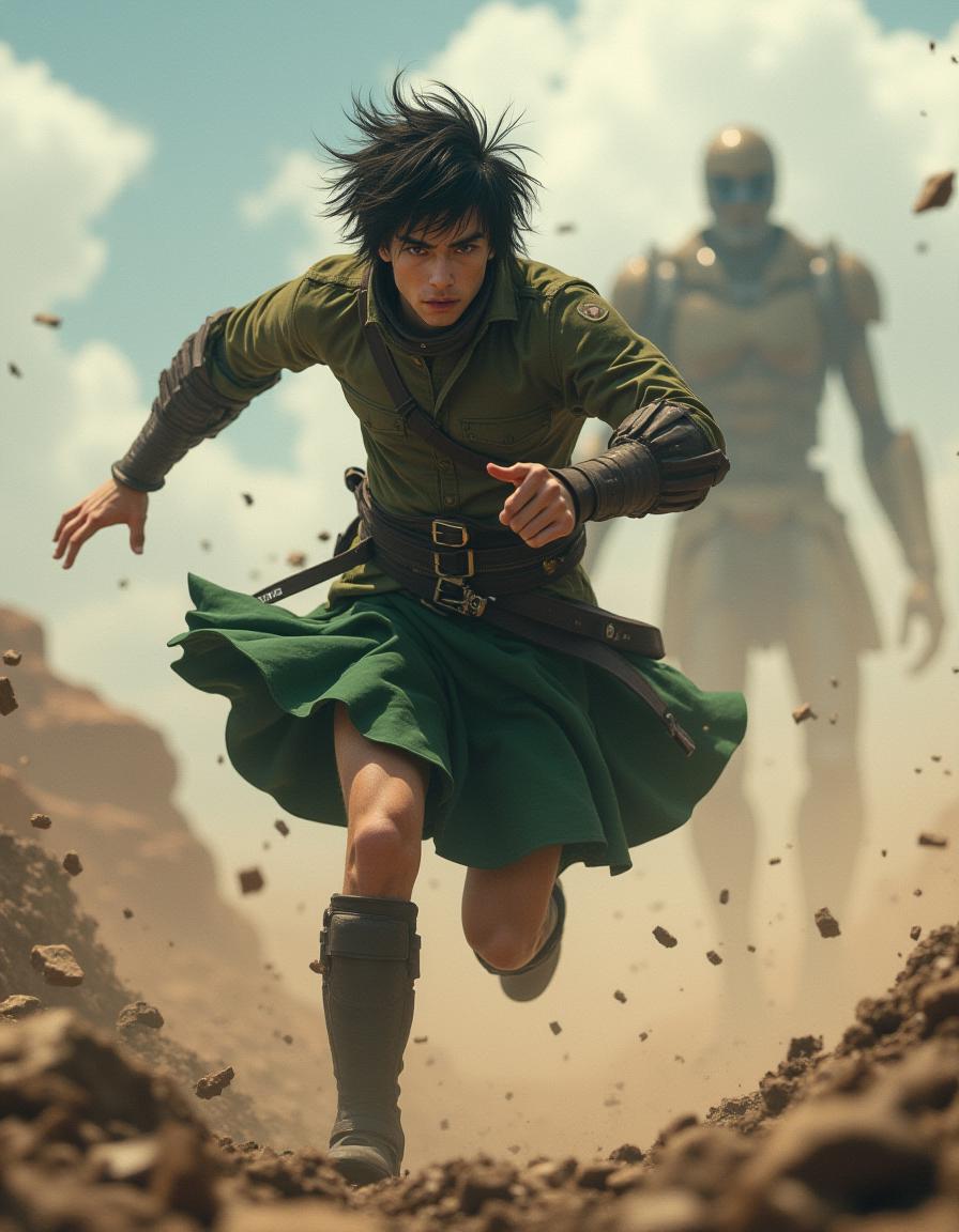 Eren Yeager in mid-air, charging through a battlefield while wearing a dark green kilt over his gear. Debris and dust swirl around him, and a titan looms in the distance. The kilt flutters as Erenâs ODM gear glows in motion.