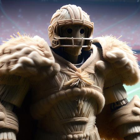 straw threads, an NFL football player with an straw thread football helmet and straw thread shoulder pads, set in a football stadium