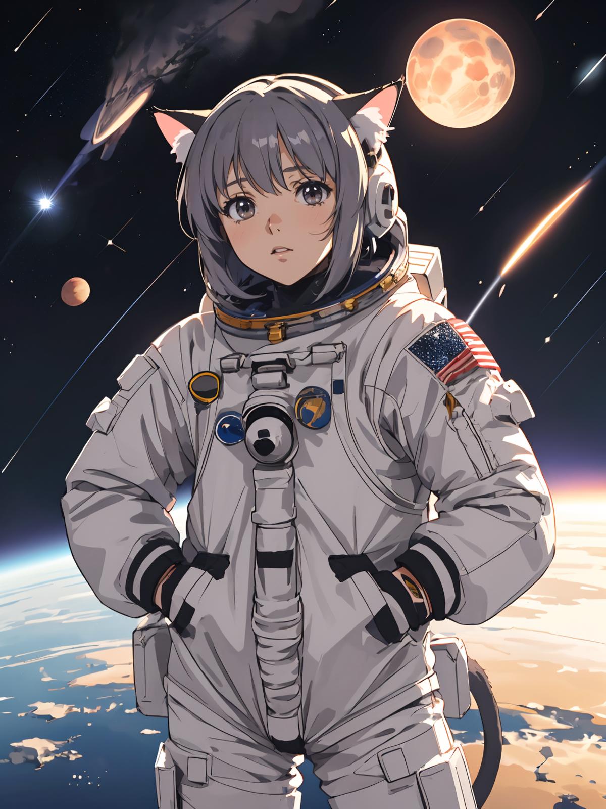Anime Character in Space Suit with American Flag Patch, Staring into Space.
