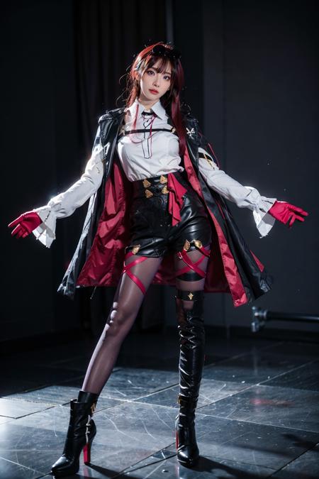 best quality, masterpiece, photorealistic, 1girl, solo, bangs, looking at viewer, full body, standing, arms at side, red hair, kafka cosplay costume, kafka, cosplay, eyewear on head, shirt, gloves, shorts, legwear under shorts, jacket, coat, thigh strap, purple pantyhose, long sleeves, asymmetrical boots, asymmetrical legwear, high heel boots, high-waist shorts, simple background, <lora:kafka_cosplay_costume:0.7>