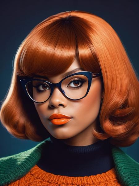 a close up of a  Slightly-built, Terracotta skinned ((african american):1.5) woman with glasses and a sweater, 60's sci-fi pinup, orange jacket, beautiful 3d concept art, gwen stacy, neat hair with bangs, inspired by Kahinde Wiley, character designs painting, 1960 cartoon style, artgem and beeple masterpiece, cosplayer, looks a bit similar to amy adams, halloween, short brown hair with bangs, school girl